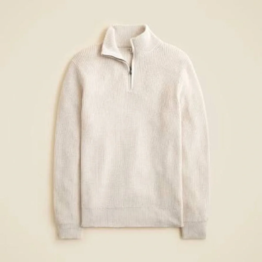 J crew heather natural Heritage cotton ribbed quarter-zip sweater